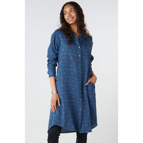 Akshita Band Collar Button-Down Long Shirt - Marine/Black