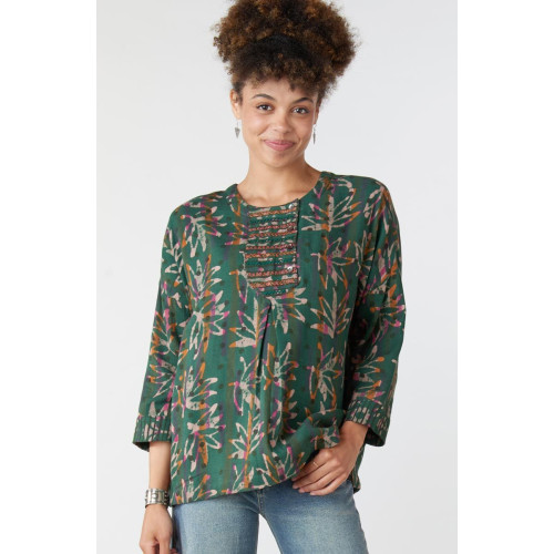 Anupa Henley Yoke Top - Forest/Multi