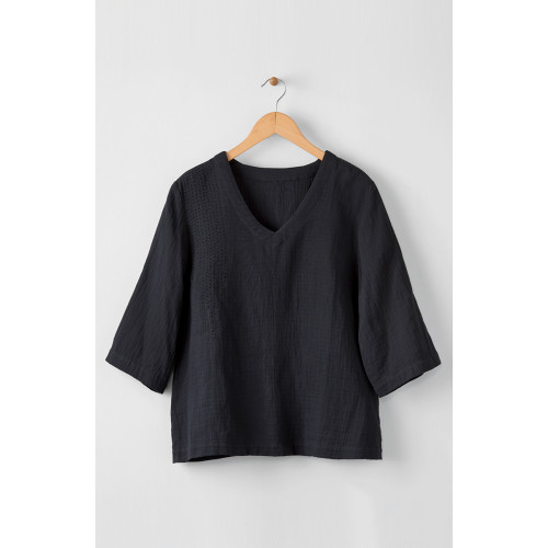 Kochi Double Gauze V-Neck Top - Black