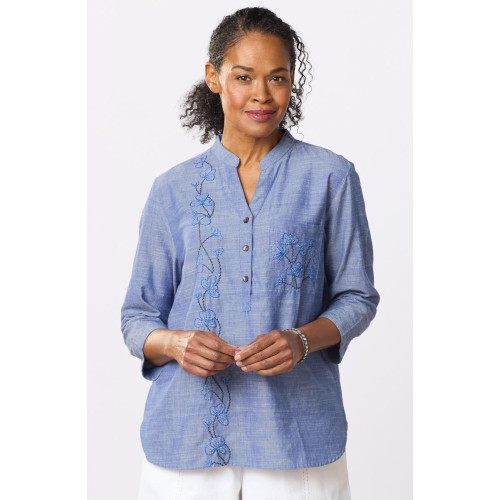 Chinam Band Collar Henley Shirt - Chambray