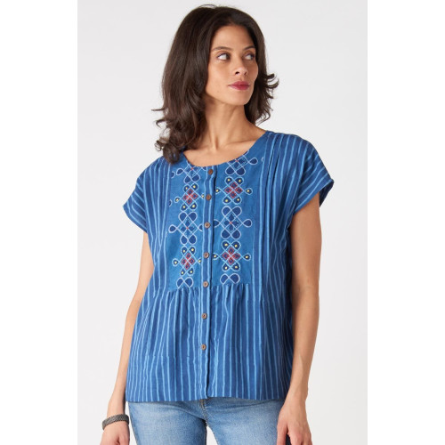 Shalu Cap Sleeve Button-Down Top - Tranquil blue