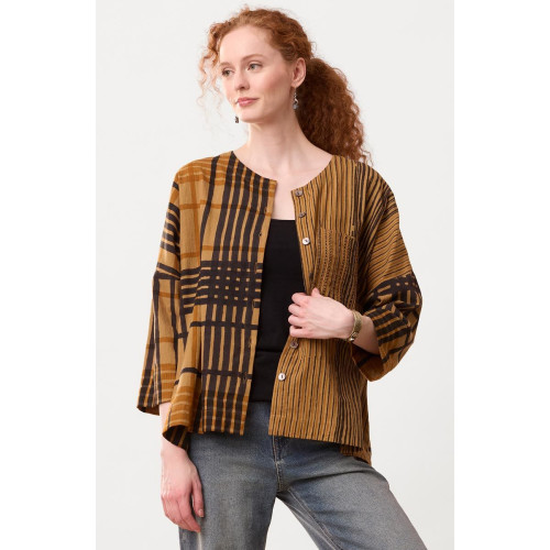 Rishra Textured Cotton Round-Neck Jacket - Golden apple