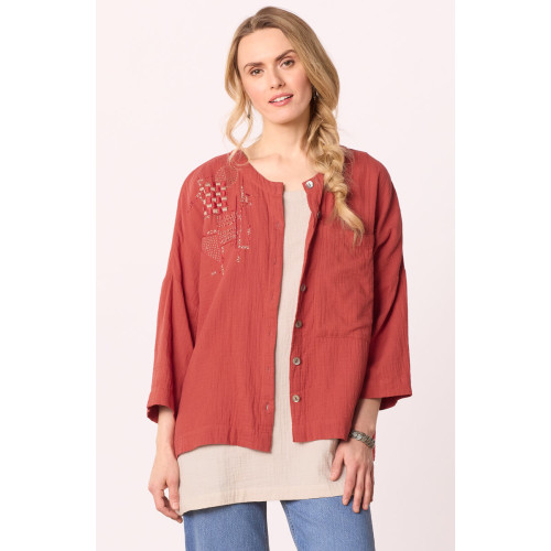 Rishra Cotton Double Gauze Embroidered Jacket - Fire red