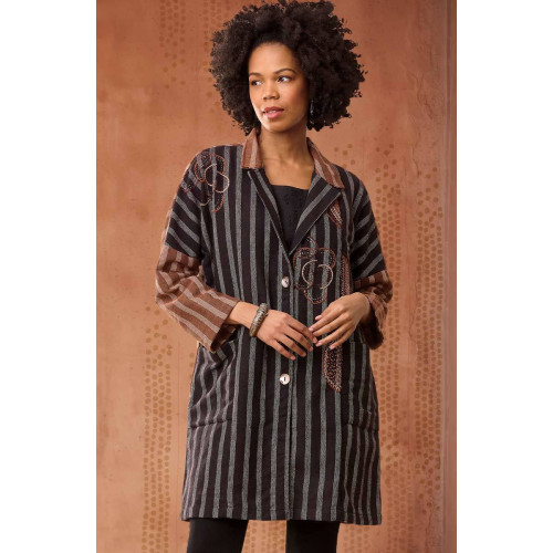 Pravya Drop Shoulder Textured Duster Jacket - Black/Mocha