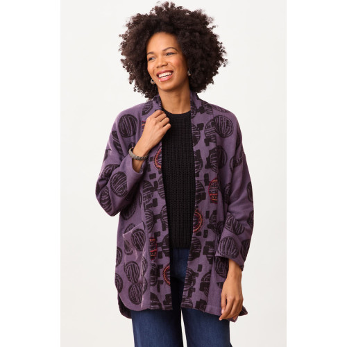 Haniya Block Print Textured Cotton Jacket - Purple