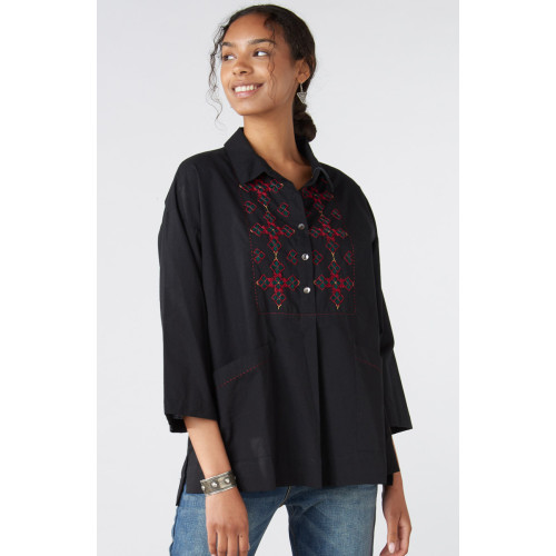 Rukhma Flare-Sleeve Organic Cotton Top - Black