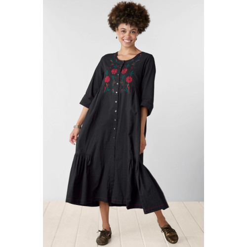 Shiroda Embroidered Organic Cotton Tiered Dress - Black