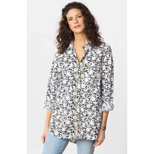 Aashna Organic Cotton High-Low Hem Button-Down Shirt - White/Black Aashna Organic Cotton High-Low Hem Button-Down Shirt - White/Black