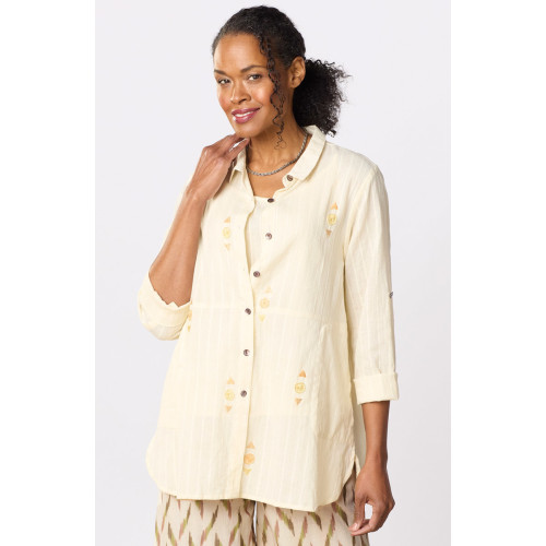 Lasksha Lightweight Button-Down Embroidered Shirt - Cream
