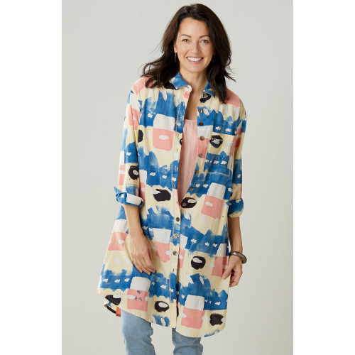 Rima Oversized Button-Down Long Shirt - Buttermilk/Multi
