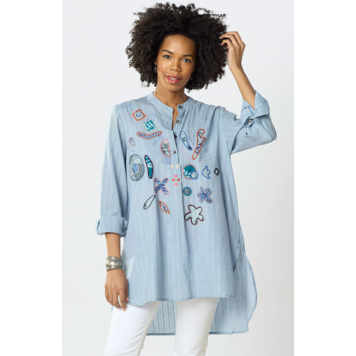 Amreli Upcycled Appliqué Lightweight Tunic - Cloud